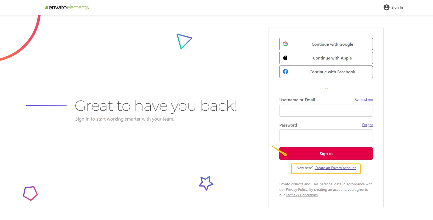 sign in Envato Elements
