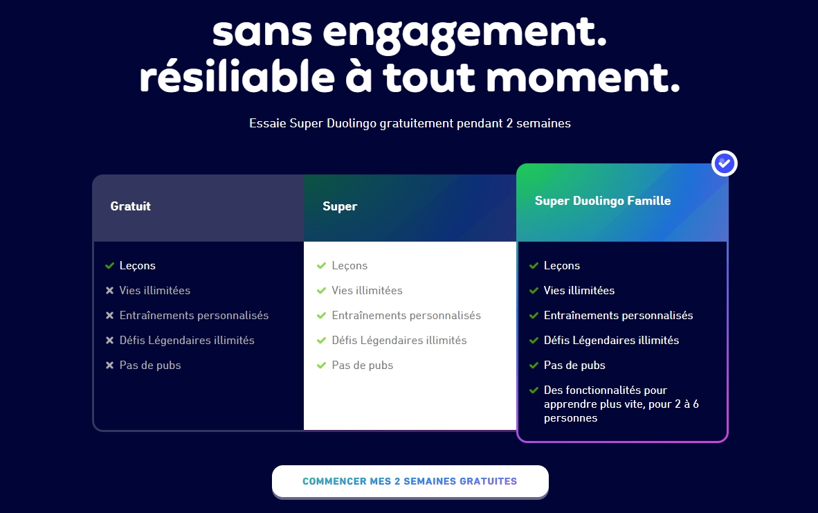 plan d'abonnement Duolingo