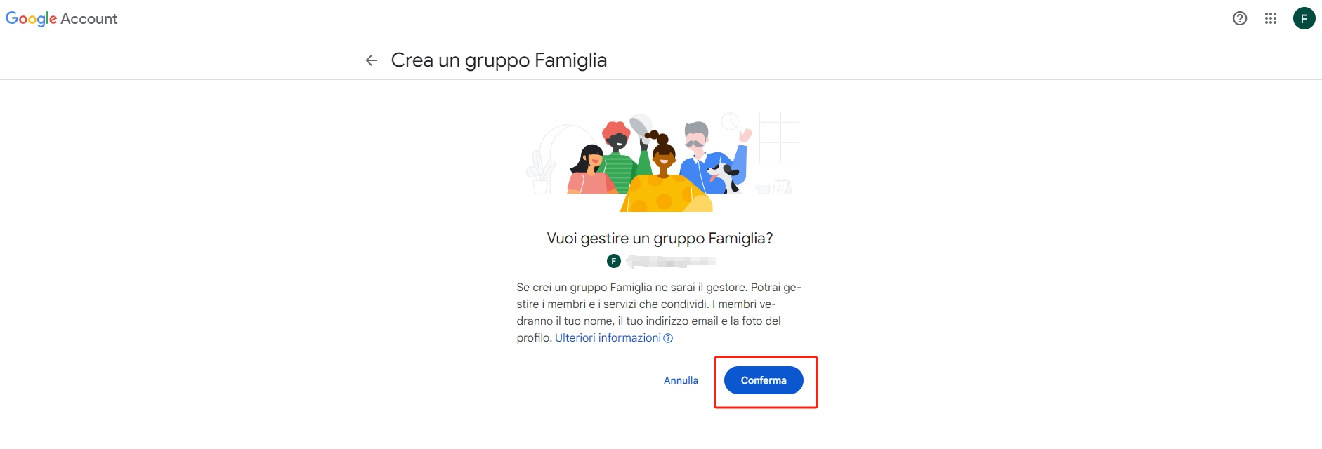 Conferma per creare un gruppo Famiglia Google