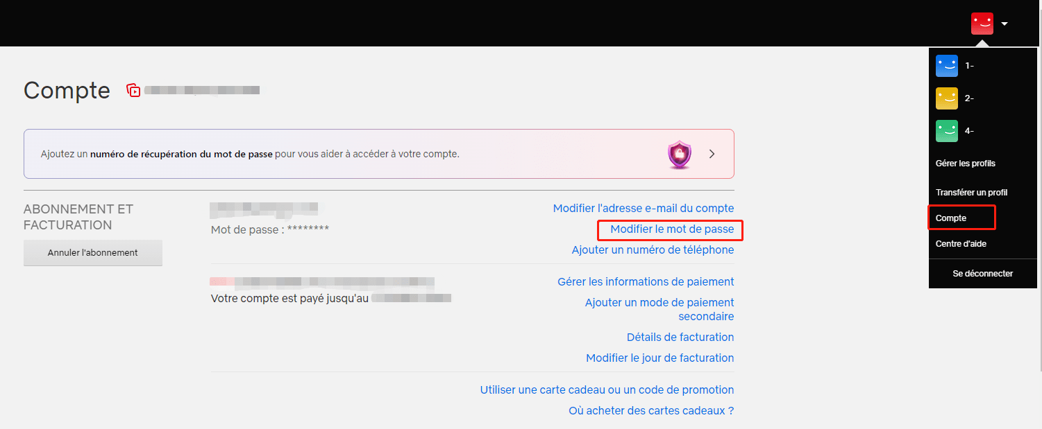 Netflix change le mot de passe