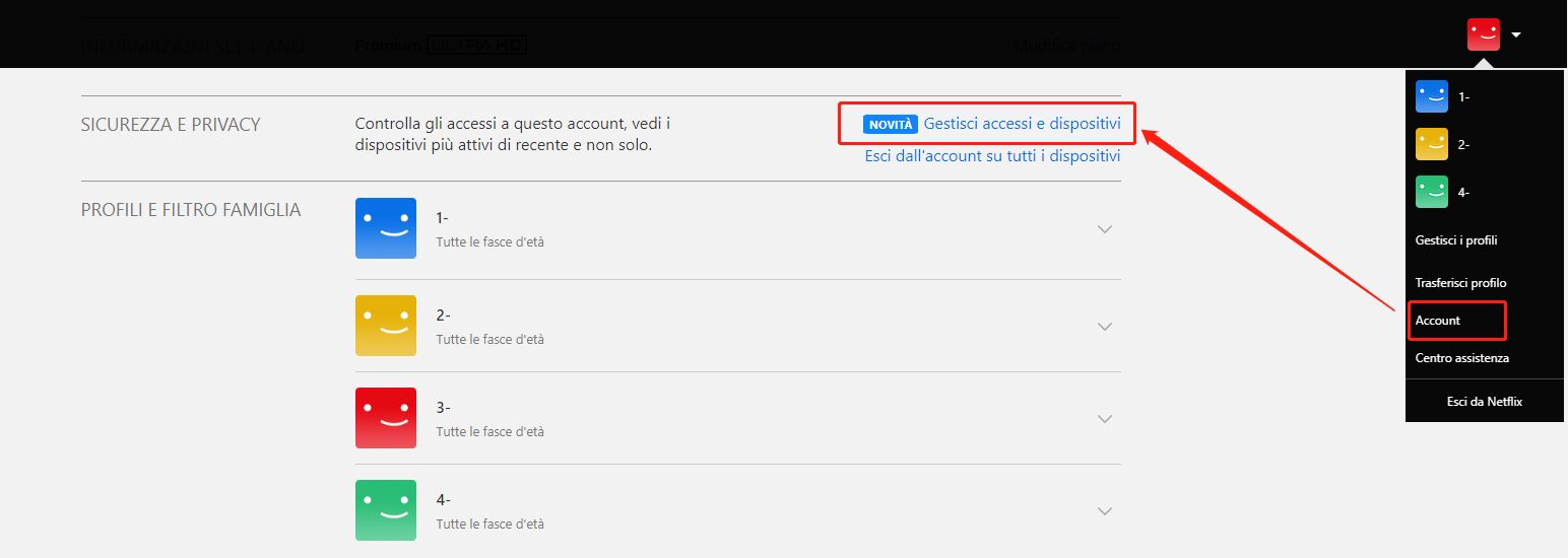 Netflix gestisce l'accesso e i dispositivi