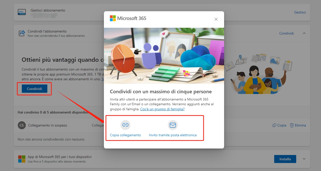 come condividere l'abbonamento a Microsoft 365