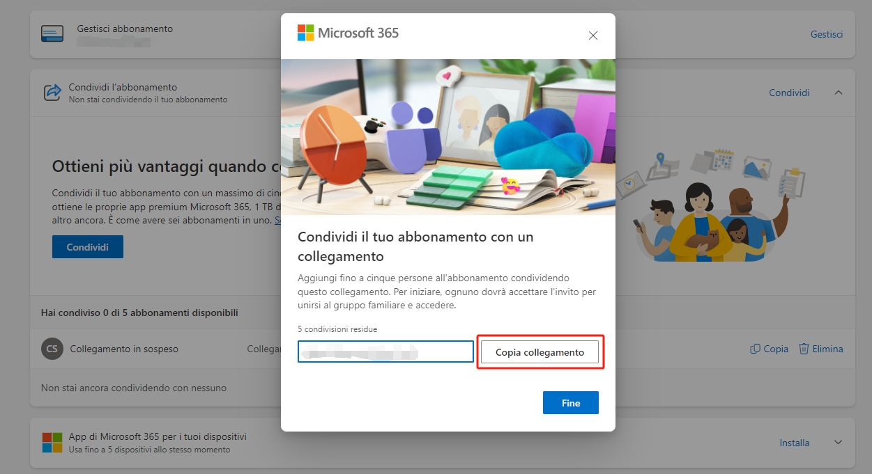 invita qualcuno a condividere Microsoft 365 tramite il collegamento