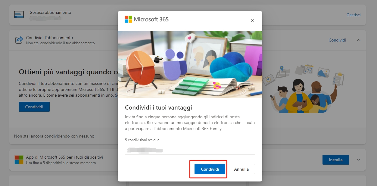 invita qualcuno a condividere Microsoft 365 via email