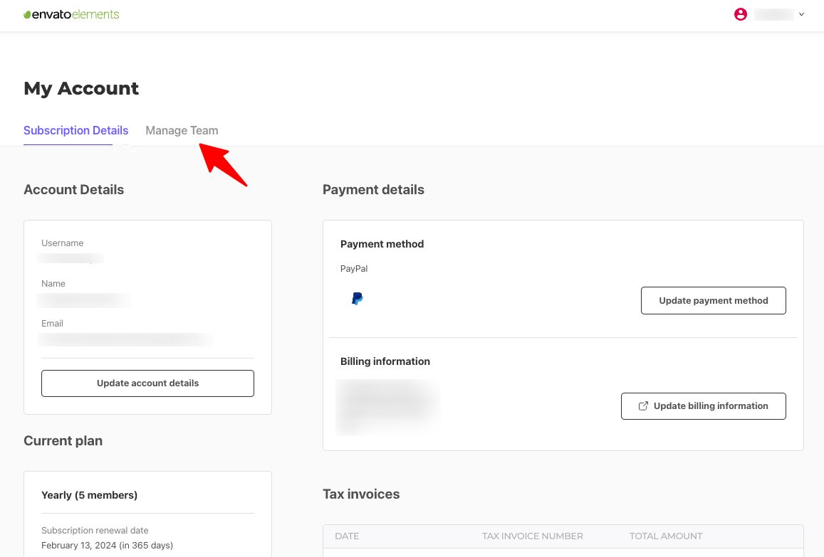 invitare i membri all'account dei team Envato Elements