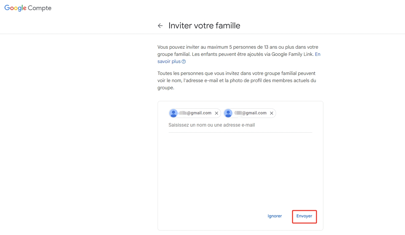 inviter quelqu'un à rejoindre votre groupe familial Google