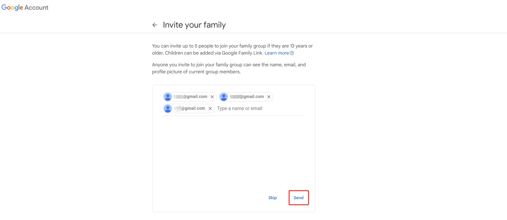 invite someone to join your Google family group