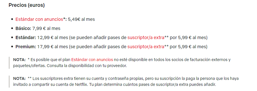 costo de suscripción a netflix