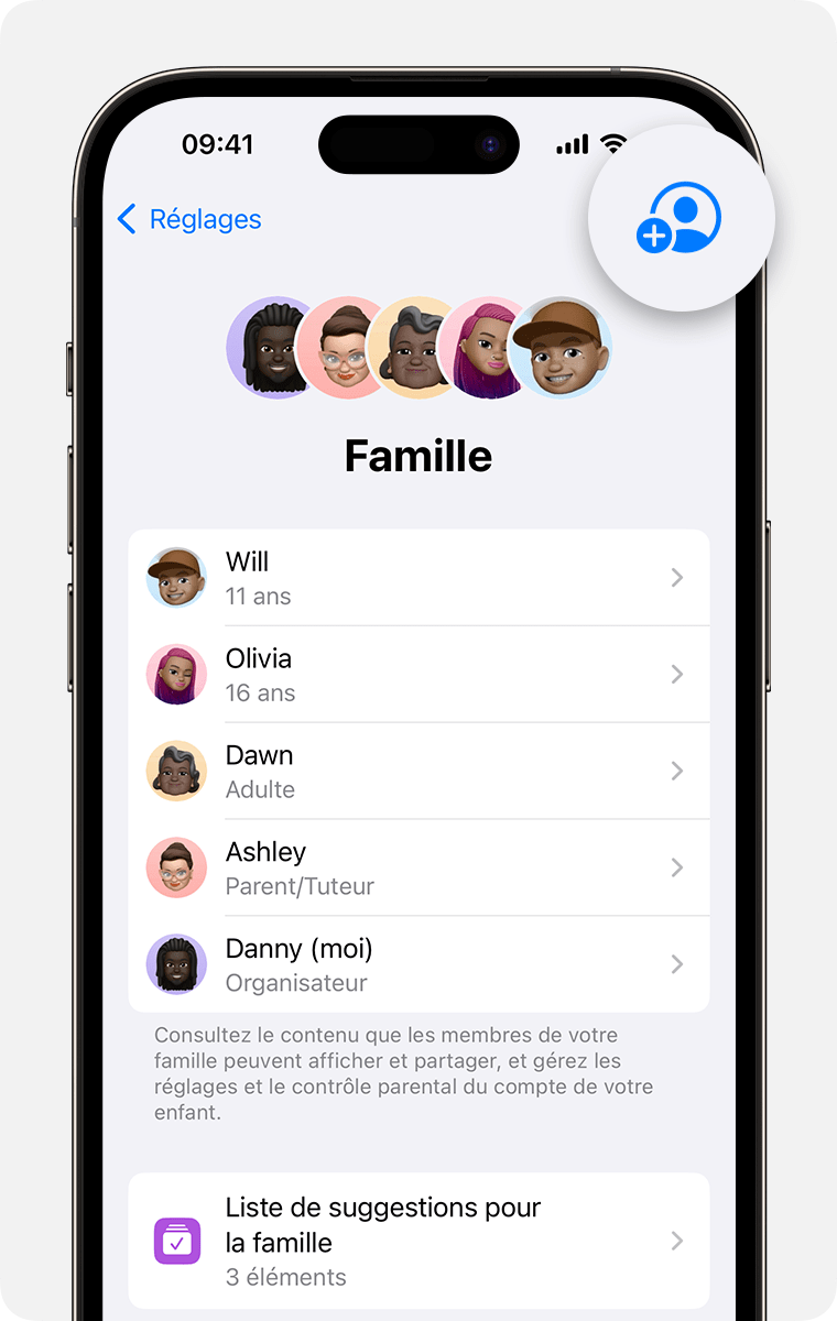 inviter des membres de la famille sur iPhone ou iPad avec iOS 16 ou version ultérieure