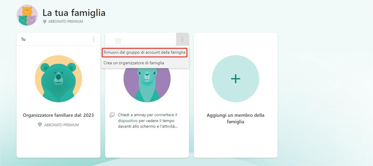 rimuovere qualcuno dal gruppo della famiglia Microsoft 365