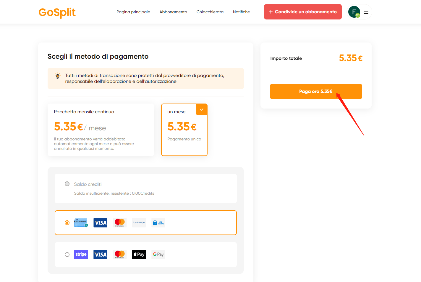 Selezionare il metodo di pagamento