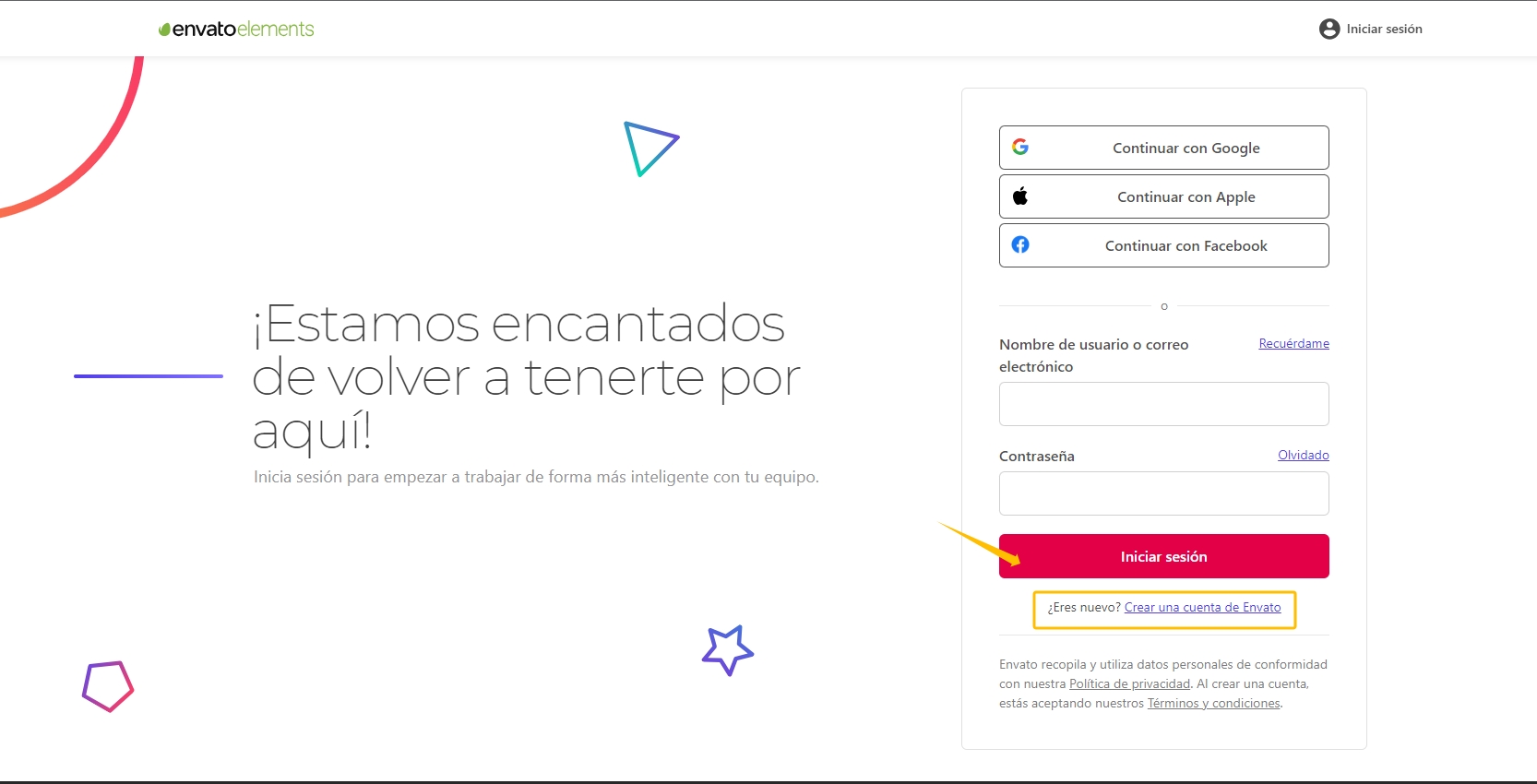 iniciar sesión Envato Elements