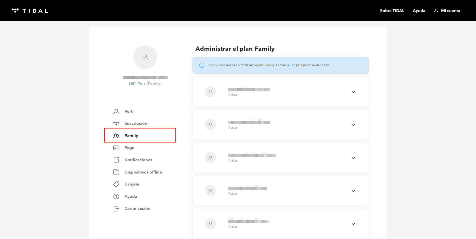 cómo agregar familia en Tidal