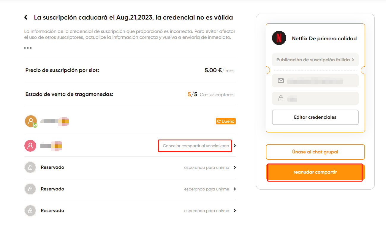 reanudar suscripciones compartidas