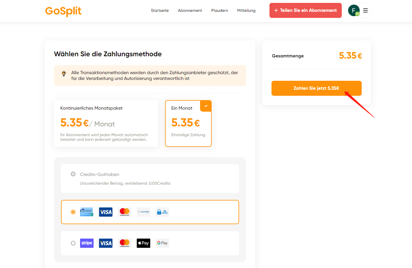 Zahlungsmethode auswählen